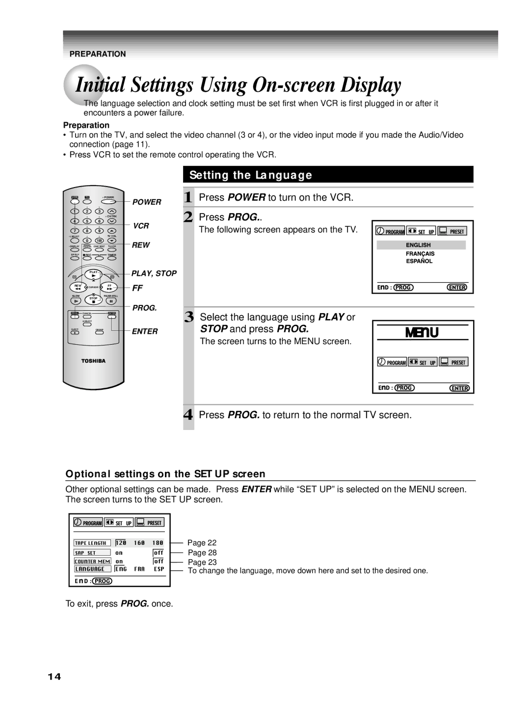 Toshiba W-622 Initial Settings Using On-screen Display, Setting the Language, Optional settings on the SET UP screen 