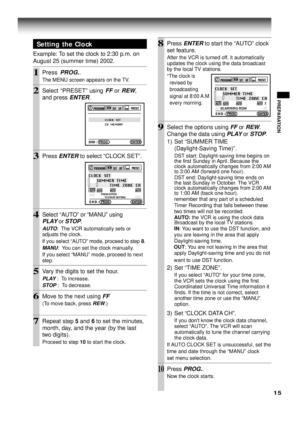 Toshiba W-622 owner manual Setting the Clock 