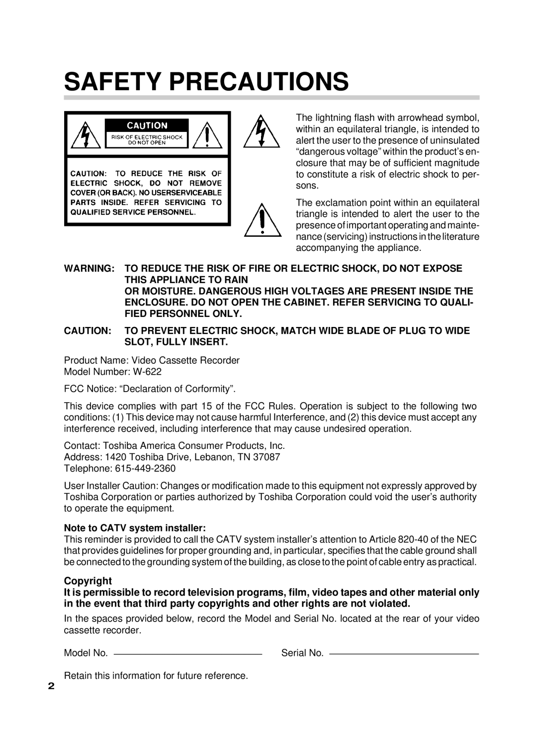 Toshiba W-622 owner manual Safety Precautions 