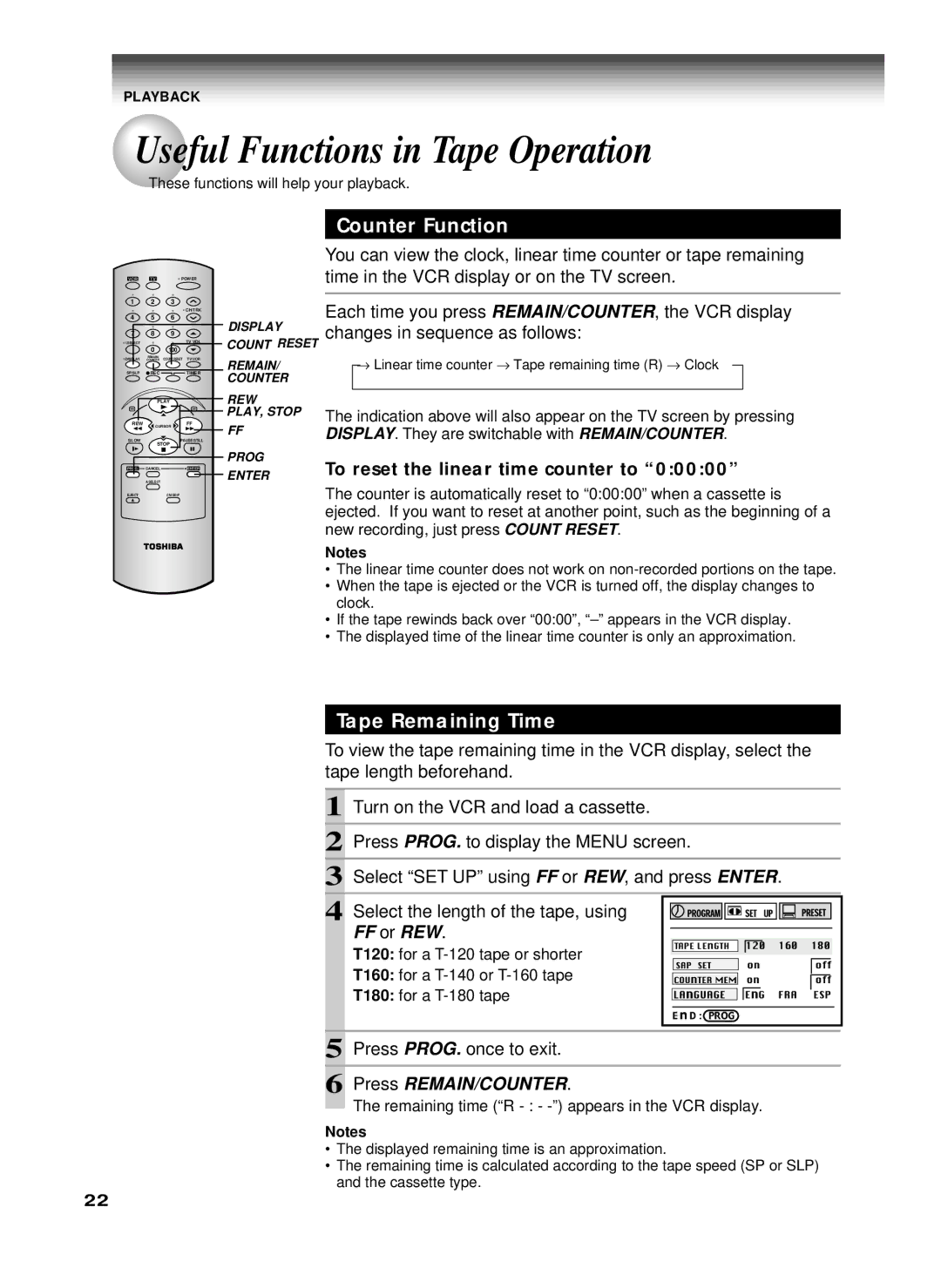 Toshiba W-622 Useful Functions in Tape Operation, Counter Function, Tape Remaining Time, Press PROG. once to exit 