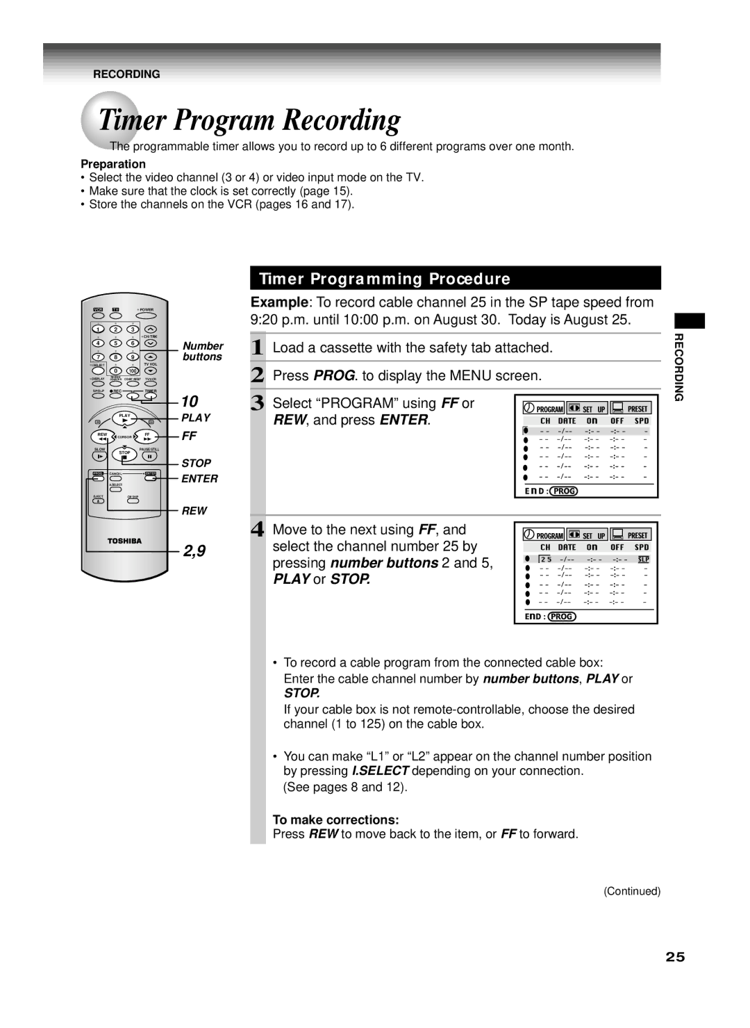 Toshiba W-622 Timer Program Recording, Timer Programming Procedure, 920 p.m. until 1000 p.m. on August 30. Today is August 