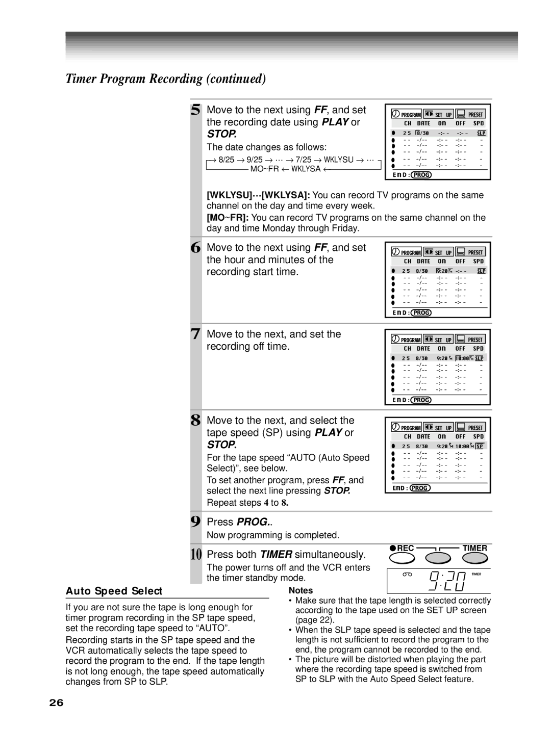 Toshiba W-622 owner manual Timer Program Recording, Auto Speed Select 