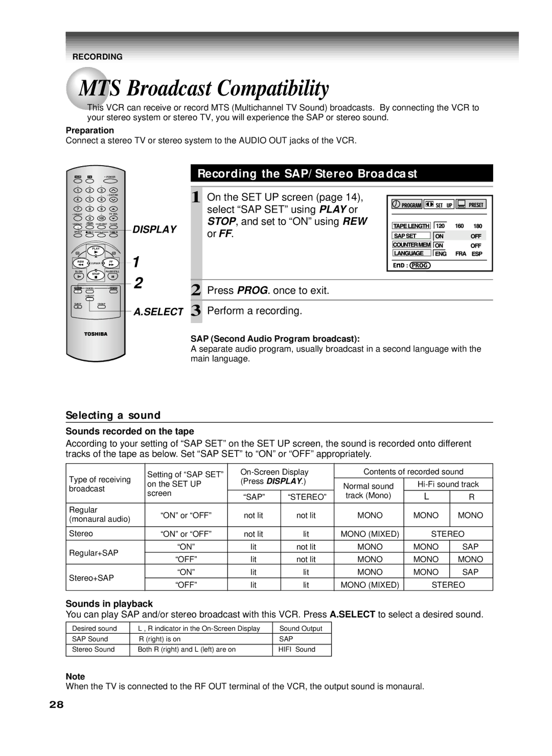 Toshiba W-622 owner manual MTS Broadcast Compatibility, Recording the SAP/Stereo Broadcast, Selecting a sound 