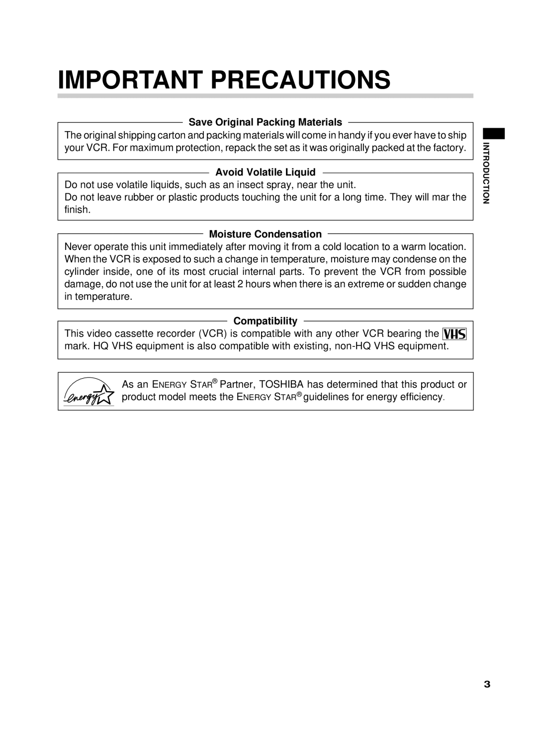 Toshiba W-622 owner manual Important Precautions 