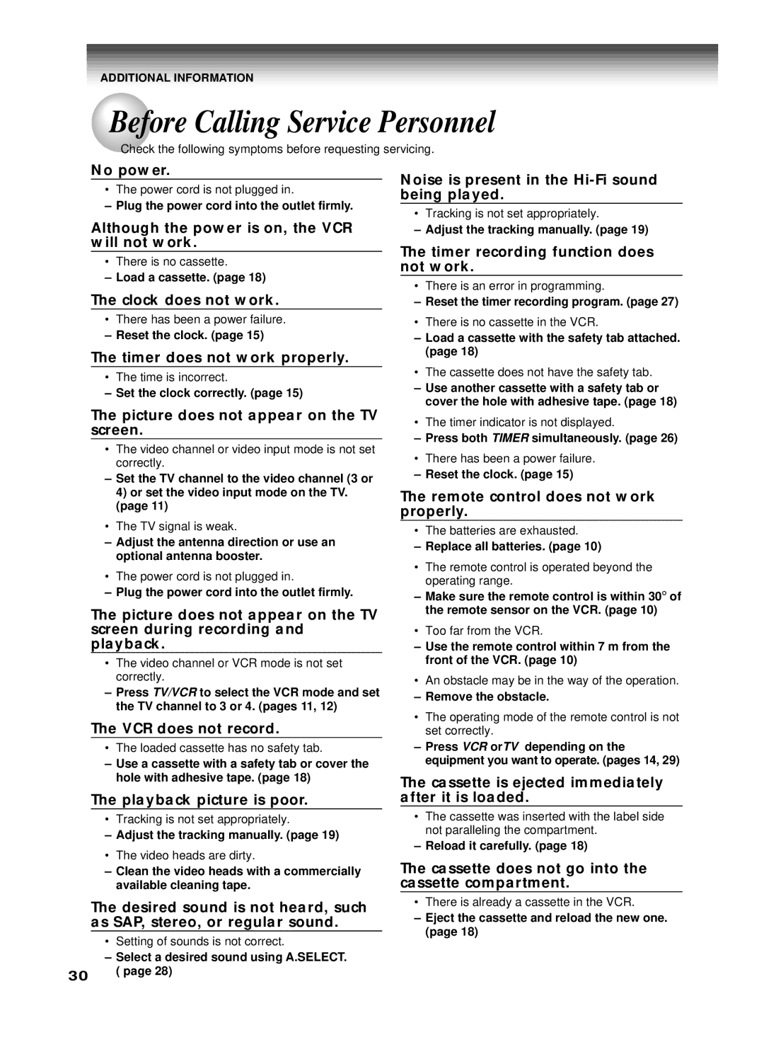 Toshiba W-622 owner manual Before Calling Service Personnel 