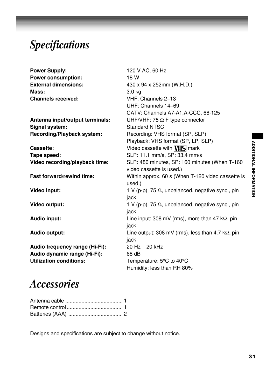 Toshiba W-622 owner manual Specifications, Accessories 