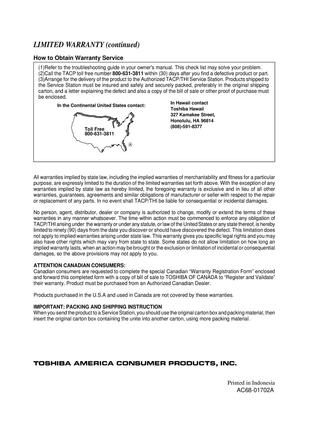 Toshiba W-622 owner manual AC68-01702A, Toll Free 