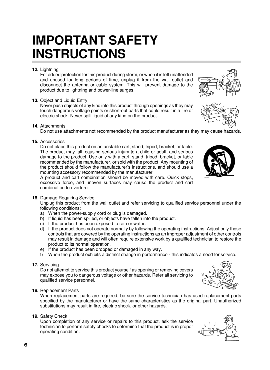 Toshiba W-622 owner manual Important Safety Instructions 