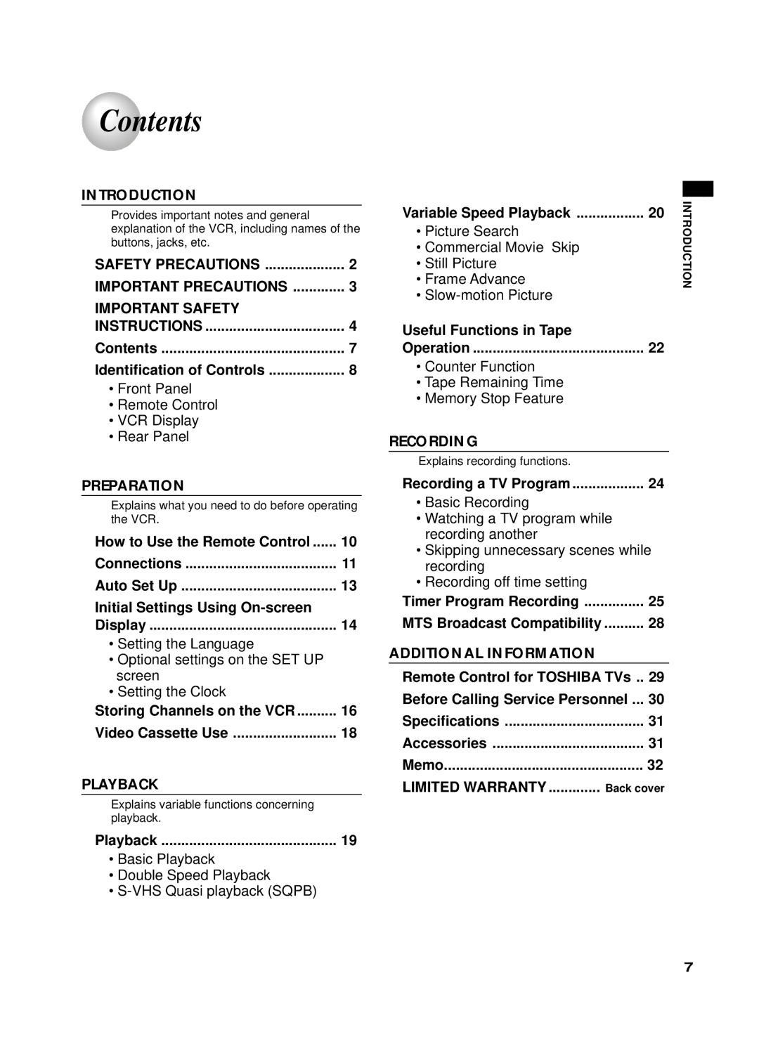 Toshiba W-622 owner manual Contents 