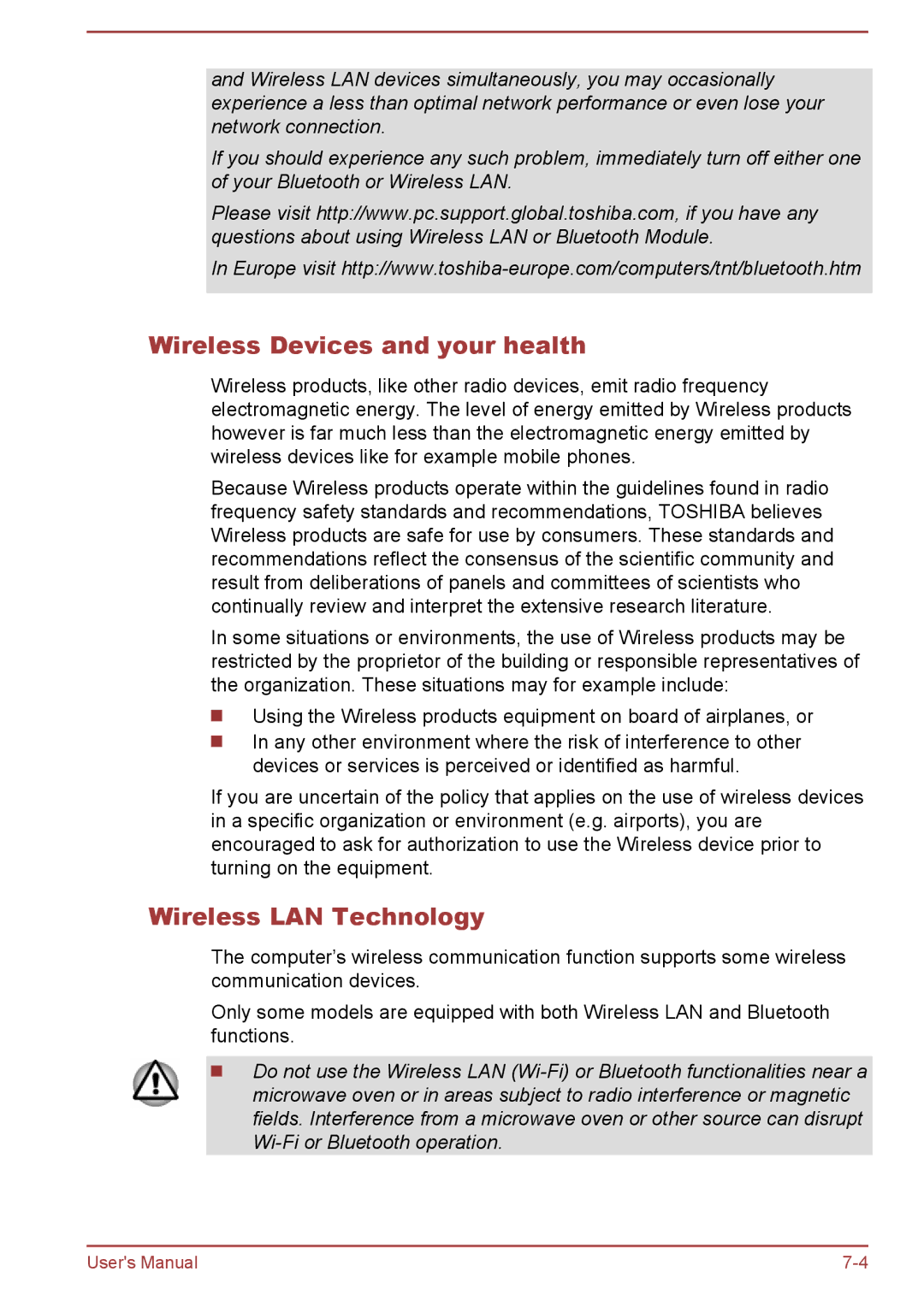 Toshiba W30DT-A-100 user manual Wireless Devices and your health, Wireless LAN Technology 