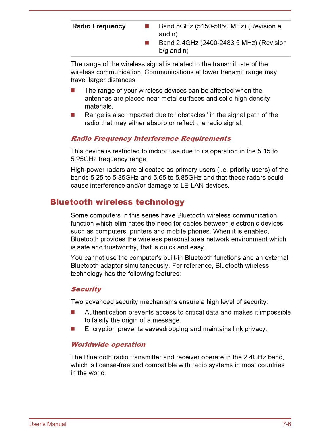 Toshiba W30DT-A-100 Bluetooth wireless technology, Radio Frequency Interference Requirements, Worldwide operation 