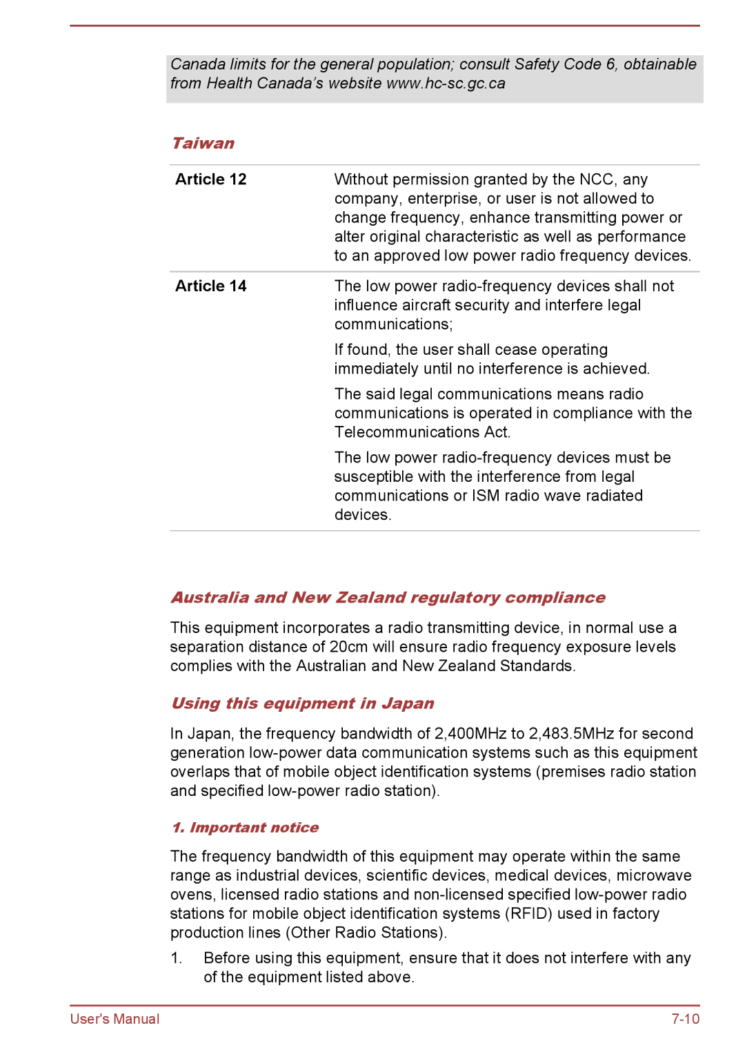 Toshiba W30DT-A-100 Taiwan, Article, Australia and New Zealand regulatory compliance, Using this equipment in Japan 