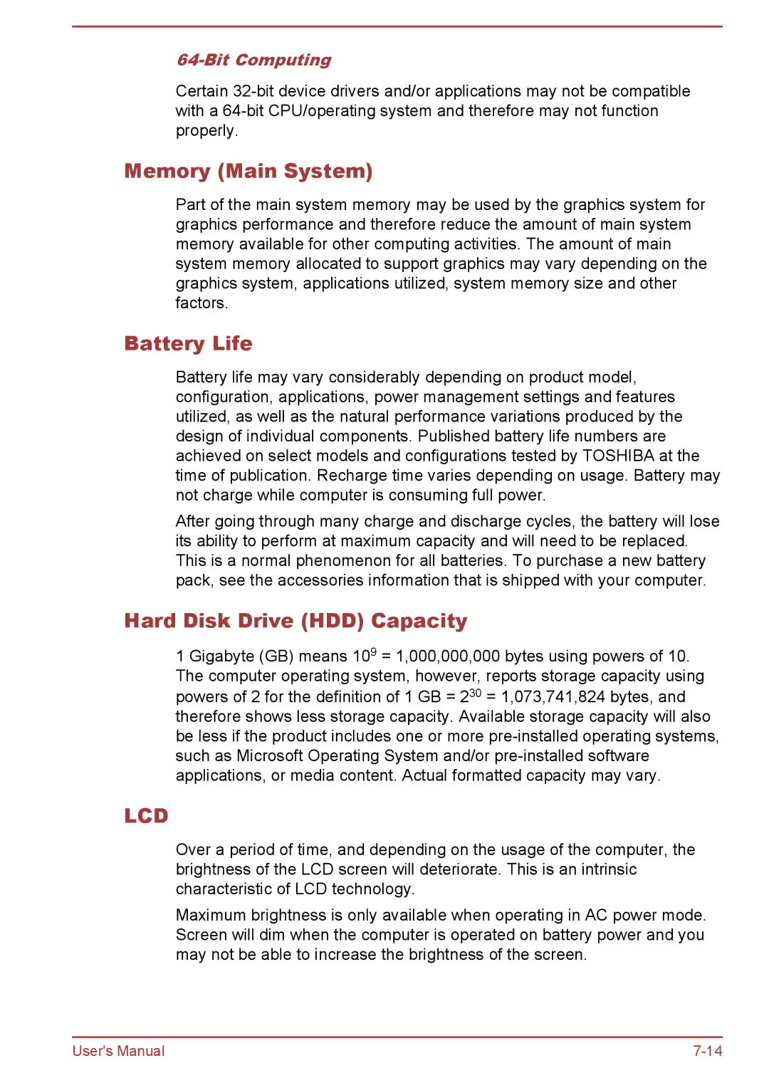 Toshiba W30DT-A-100 user manual Memory Main System, Battery Life, Hard Disk Drive HDD Capacity, Bit Computing 