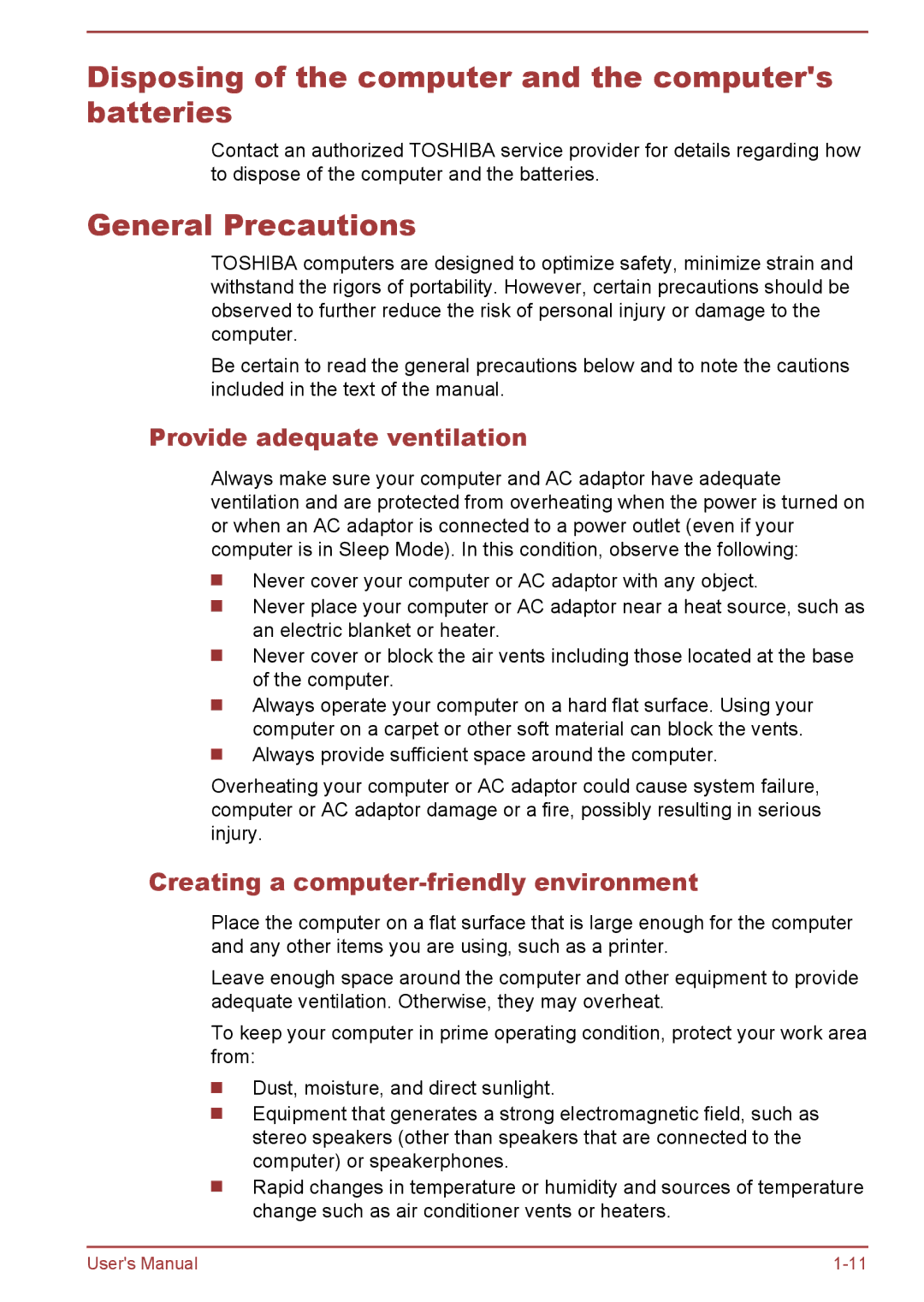 Toshiba W30DT-A-100 user manual Disposing of the computer and the computers batteries, General Precautions 