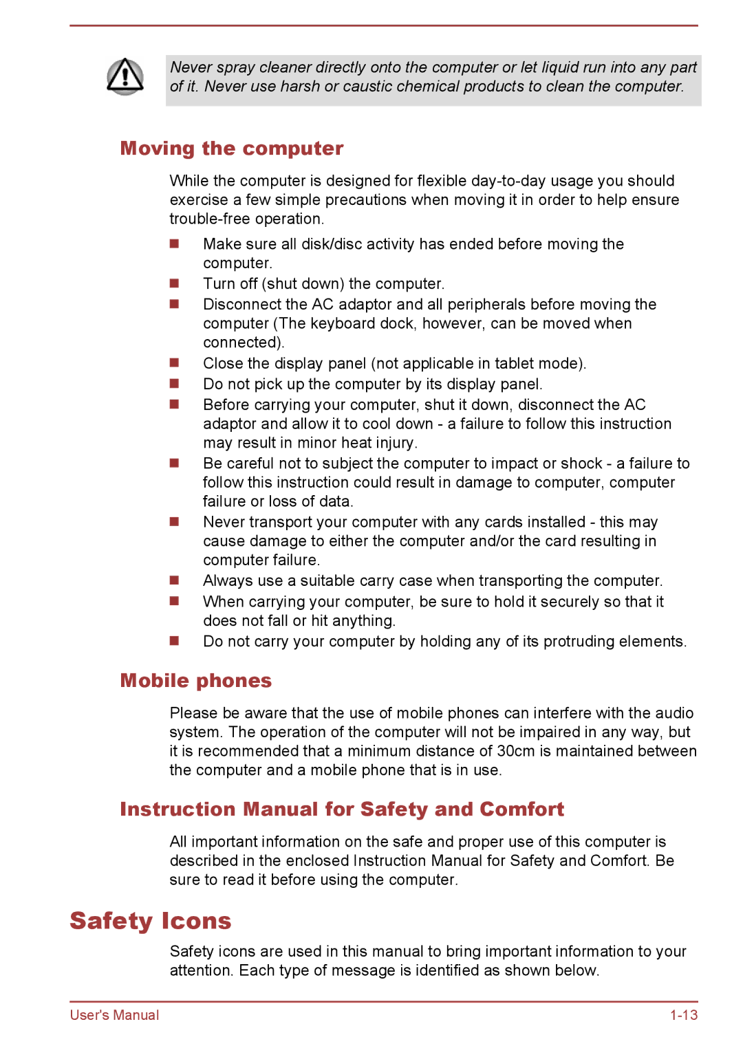 Toshiba W30DT-A-100 user manual Safety Icons, Moving the computer, Mobile phones 