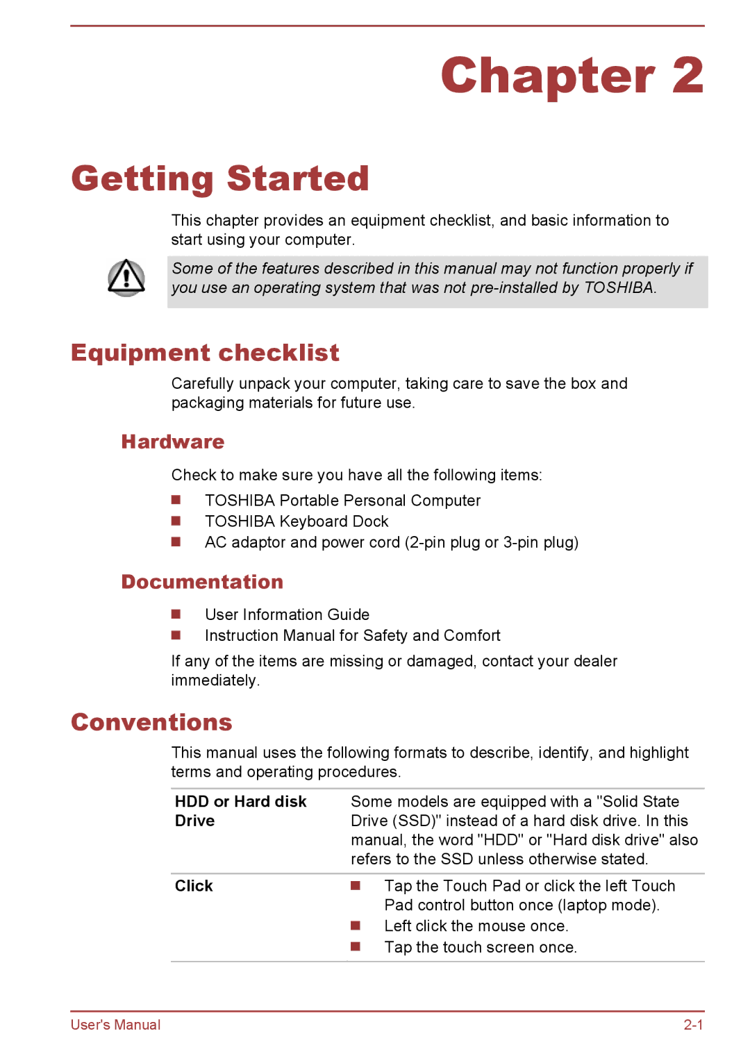 Toshiba W30DT-A-100 user manual Equipment checklist, Conventions, Hardware, Documentation 