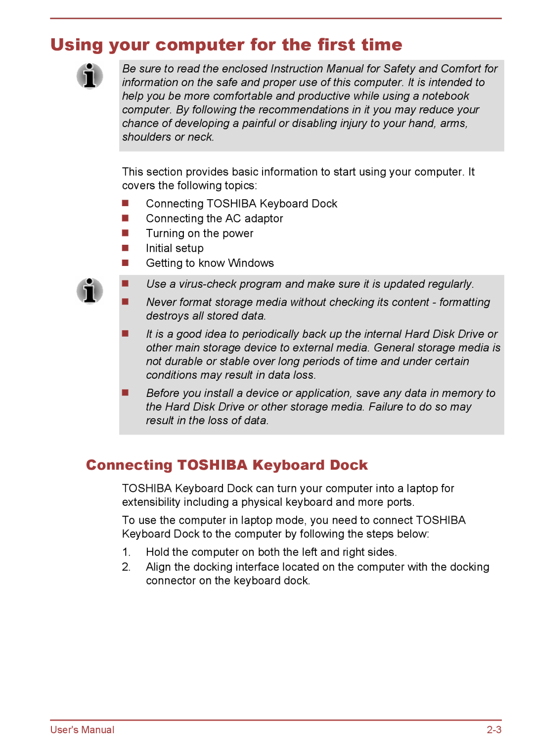 Toshiba W30DT-A-100 user manual Using your computer for the first time, Connecting Toshiba Keyboard Dock 