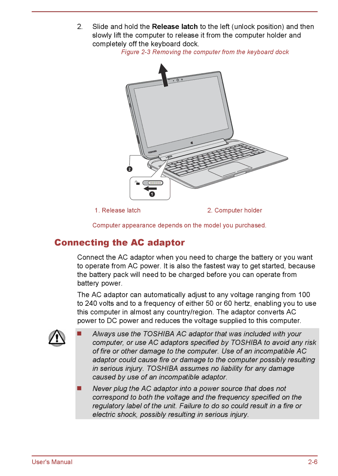 Toshiba W30DT-A-100 user manual Connecting the AC adaptor, Removing the computer from the keyboard dock 