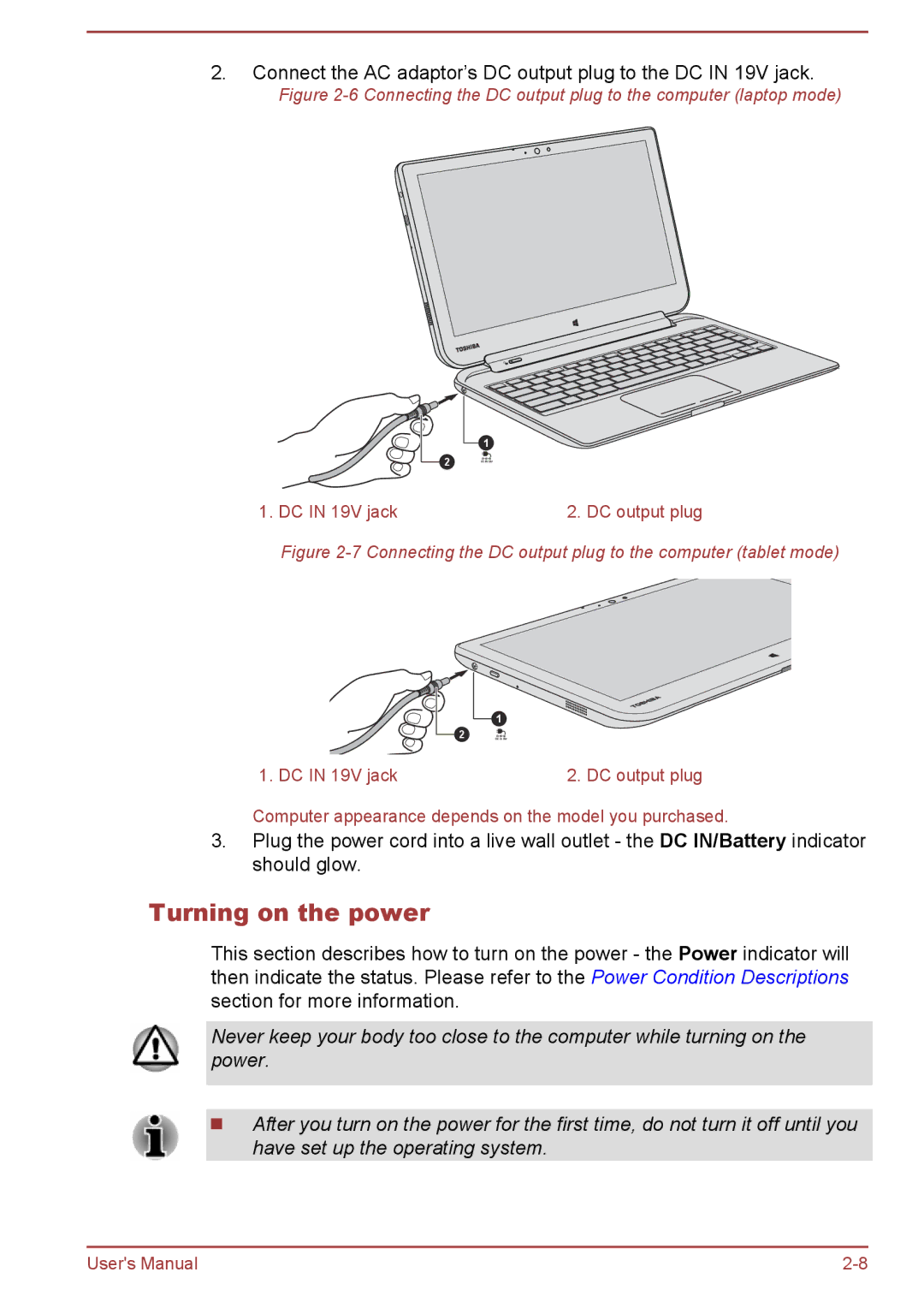 Toshiba W30DT-A-100 user manual Turning on the power, Connecting the DC output plug to the computer laptop mode 