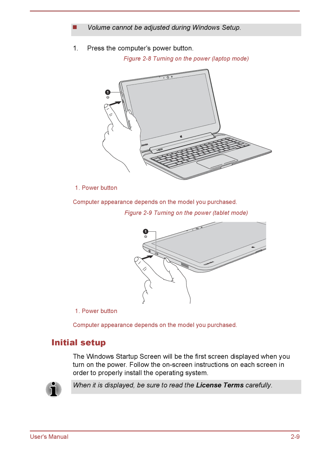 Toshiba W30DT-A-100 user manual Initial setup, Volume cannot be adjusted during Windows Setup 