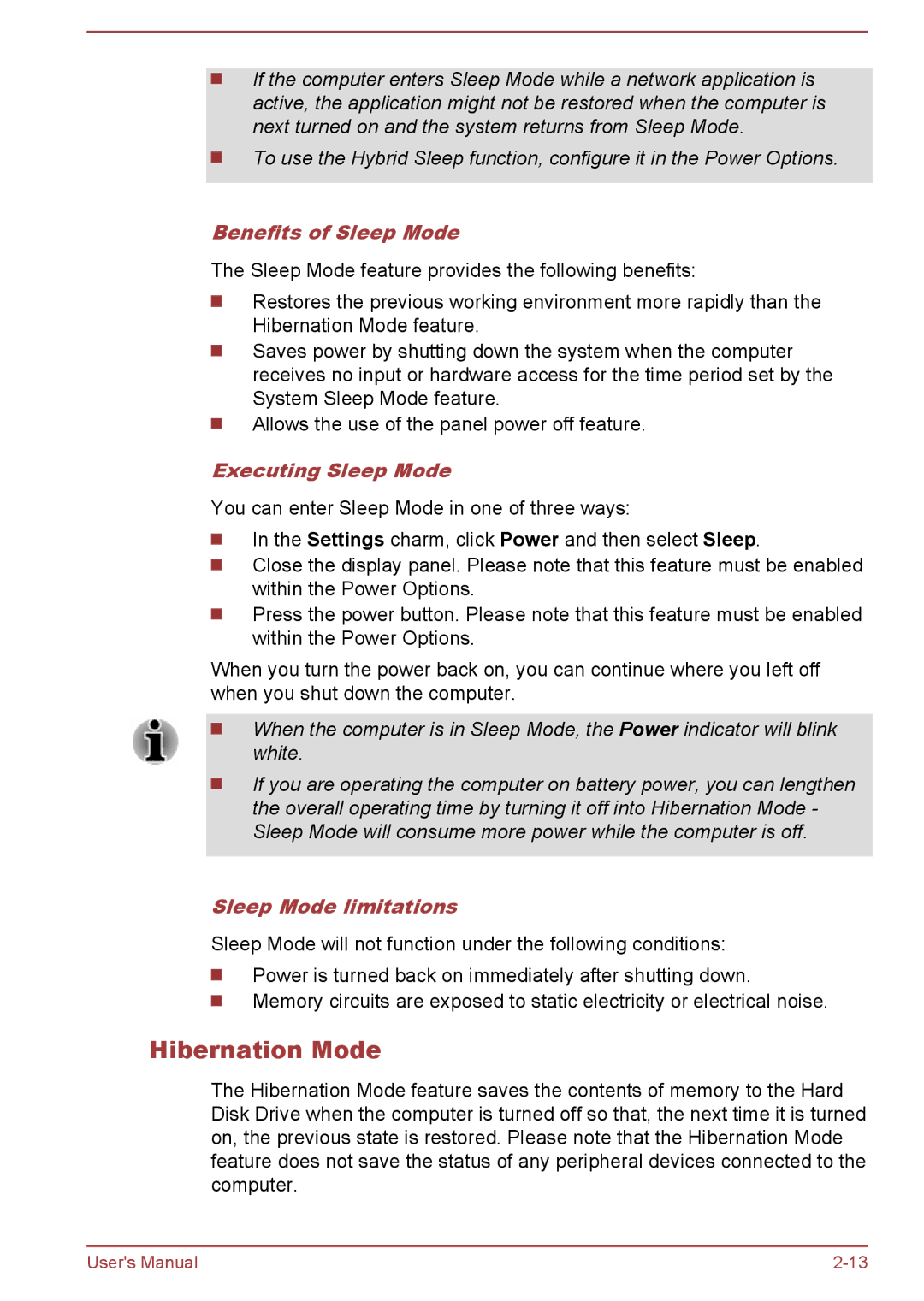 Toshiba W30DT-A-100 user manual Hibernation Mode, Benefits of Sleep Mode, Executing Sleep Mode, Sleep Mode limitations 