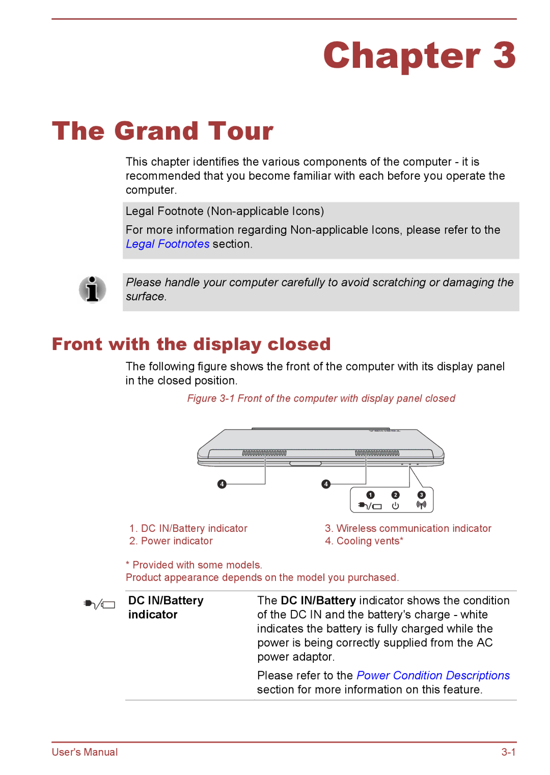 Toshiba W30DT-A-100 user manual Front with the display closed, DC IN/Battery, Indicator 