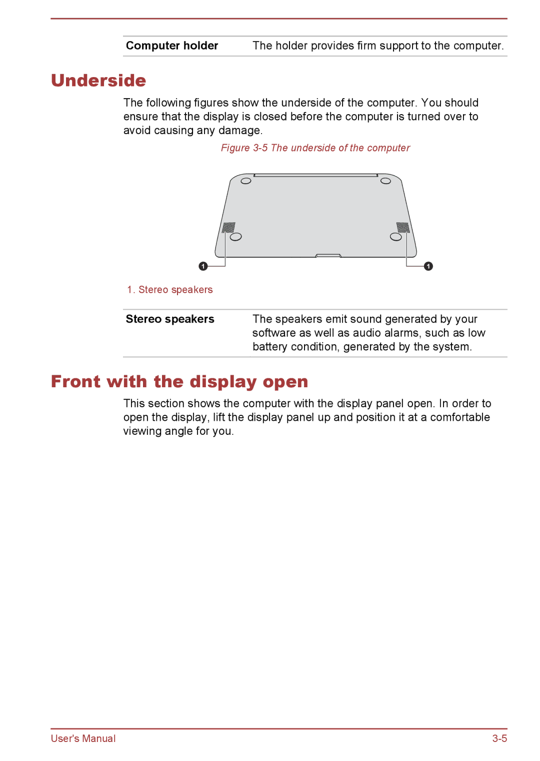 Toshiba W30DT-A-100 user manual Underside, Front with the display open 