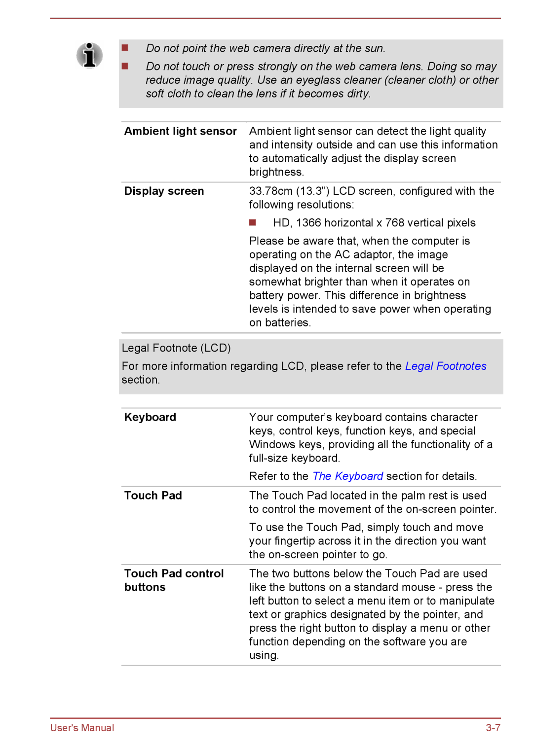 Toshiba W30DT-A-100 user manual Ambient light sensor, Display screen, Touch Pad control 