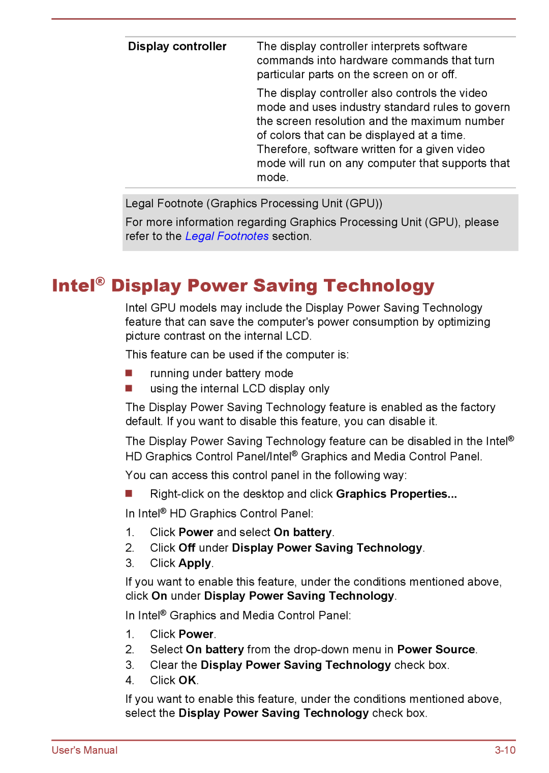 Toshiba W30DT-A-100 user manual Intel Display Power Saving Technology, Click Off under Display Power Saving Technology 