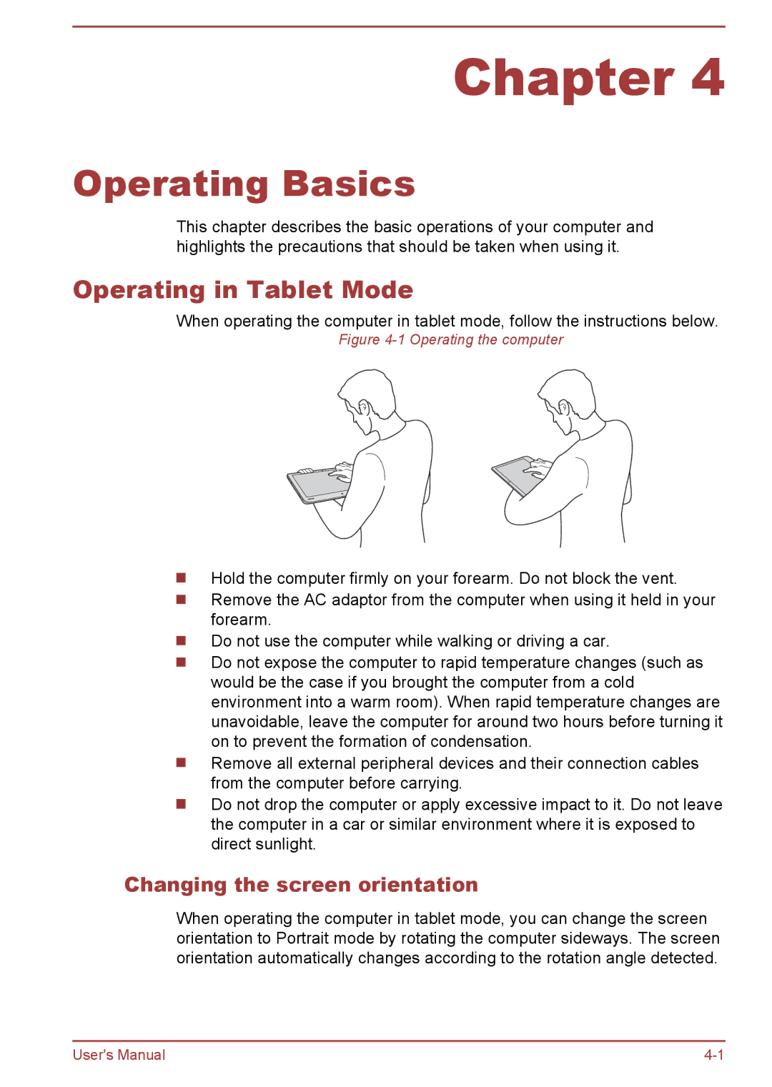 Toshiba W30DT-A-100 user manual Operating in Tablet Mode, Changing the screen orientation 