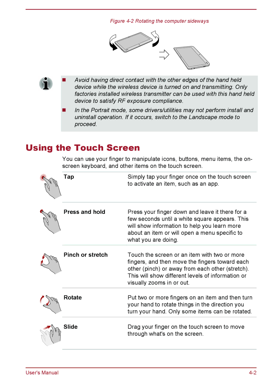 Toshiba W30DT-A-100 user manual Using the Touch Screen 