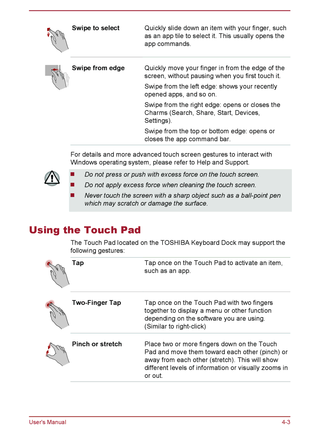 Toshiba W30DT-A-100 user manual Using the Touch Pad, Swipe to select, Swipe from edge 