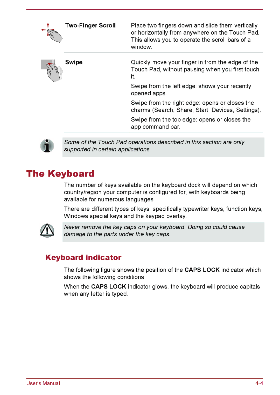 Toshiba W30DT-A-100 user manual Keyboard indicator, Two-Finger Scroll, Swipe 