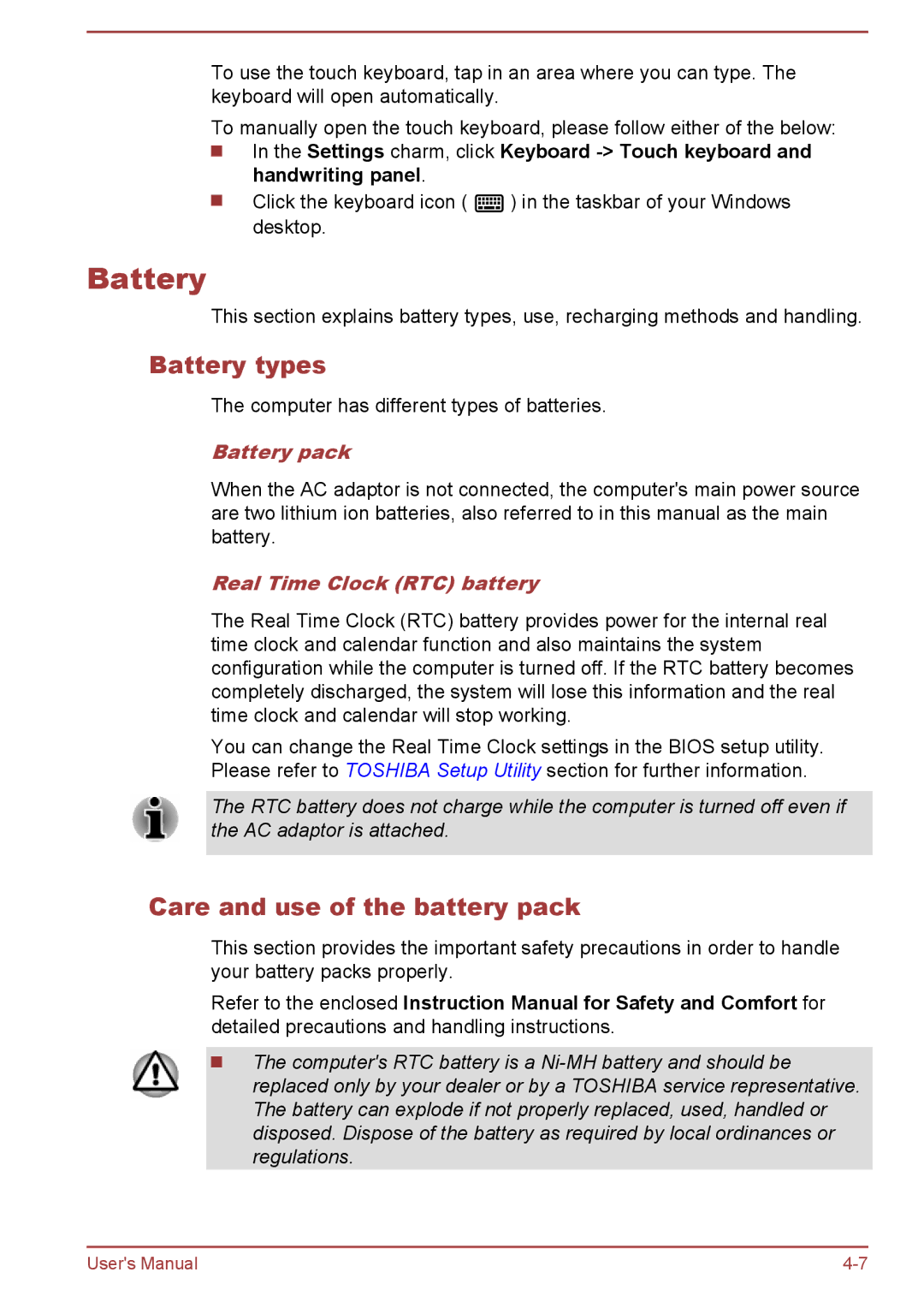 Toshiba W30DT-A-100 Battery types, Care and use of the battery pack, Battery pack, Real Time Clock RTC battery 