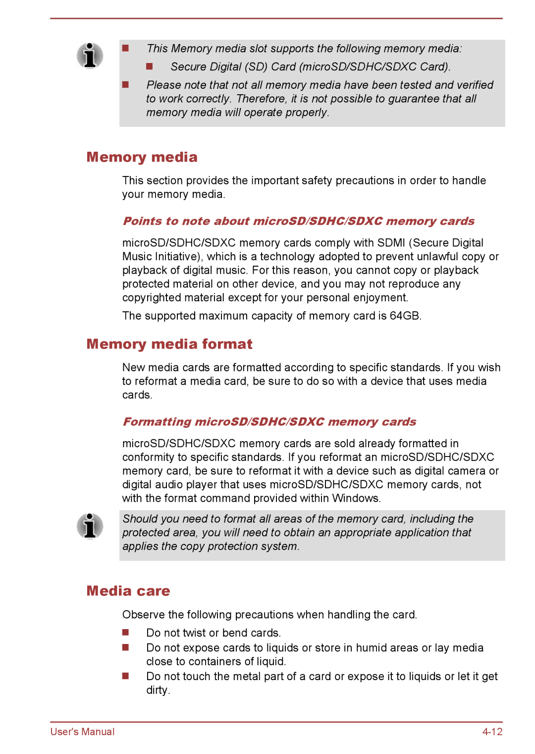 Toshiba W30DT-A-100 user manual Memory media format, Media care, Points to note about microSD/SDHC/SDXC memory cards 