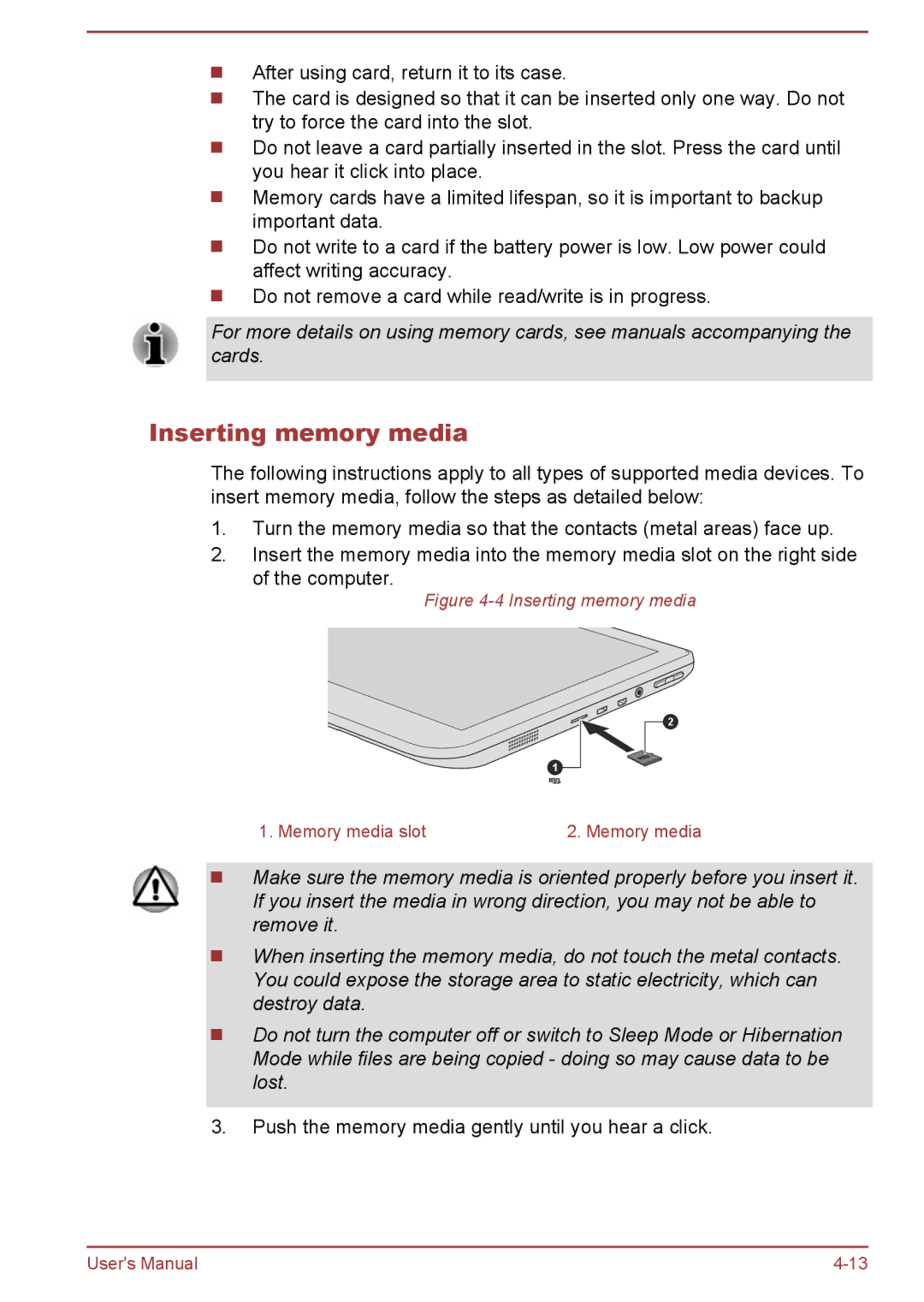 Toshiba W30DT-A-100 user manual Inserting memory media 