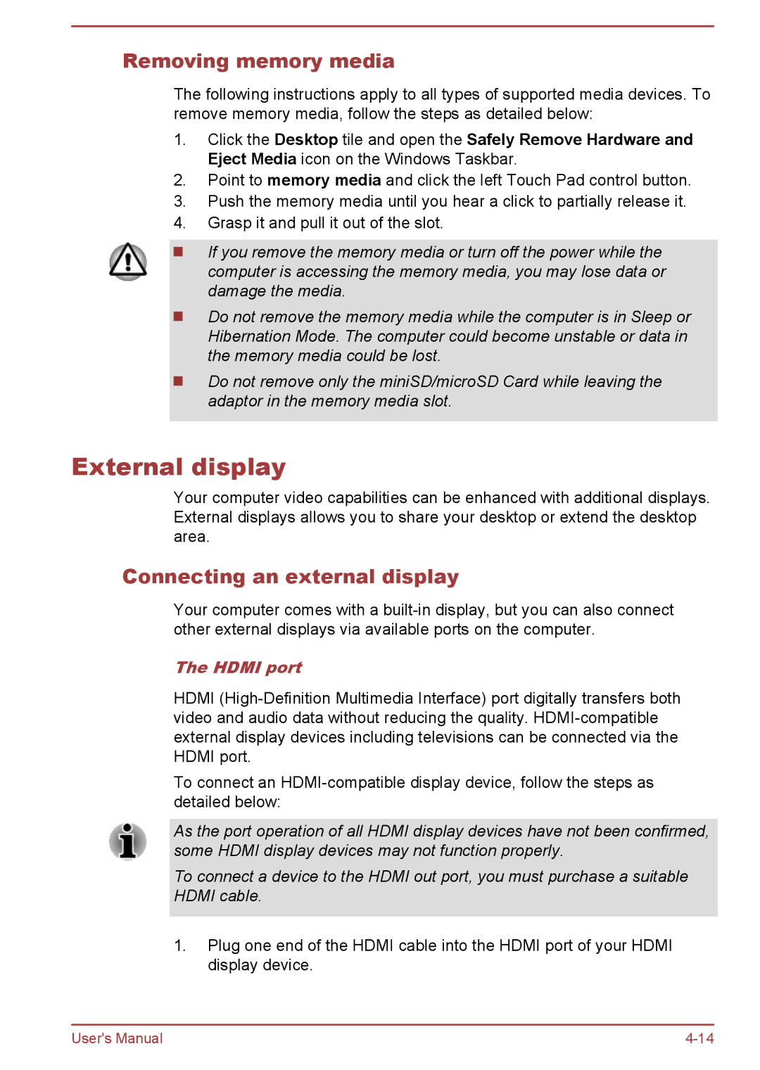 Toshiba W30DT-A-100 user manual External display, Removing memory media, Connecting an external display, Hdmi port 