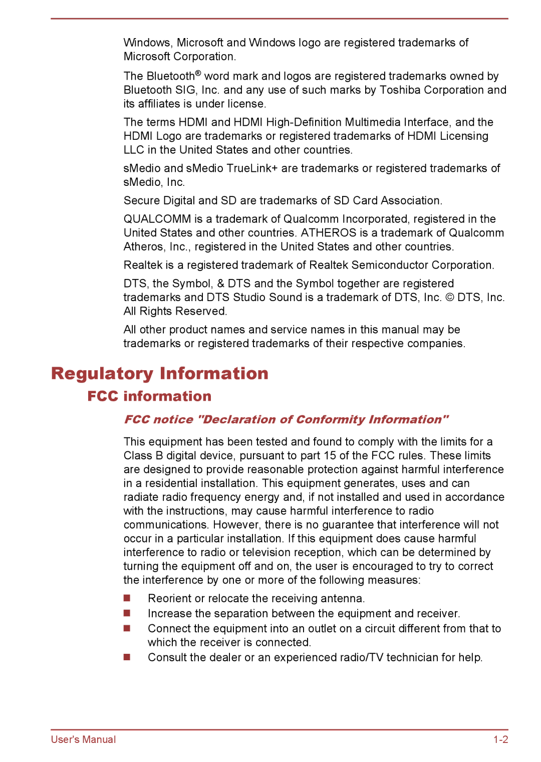 Toshiba W30DT-A-100 user manual Regulatory Information, FCC information, FCC notice Declaration of Conformity Information 