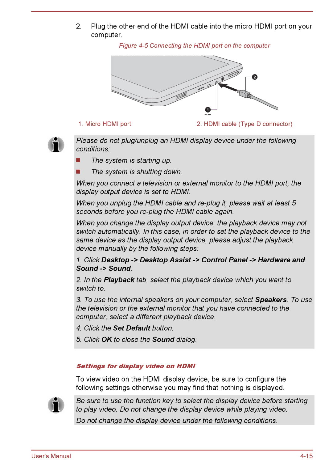 Toshiba W30DT-A-100 user manual Settings for display video on Hdmi 