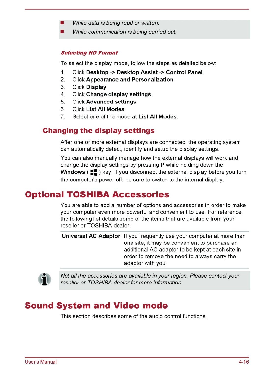 Toshiba W30DT-A-100 user manual Optional Toshiba Accessories, Sound System and Video mode, Changing the display settings 