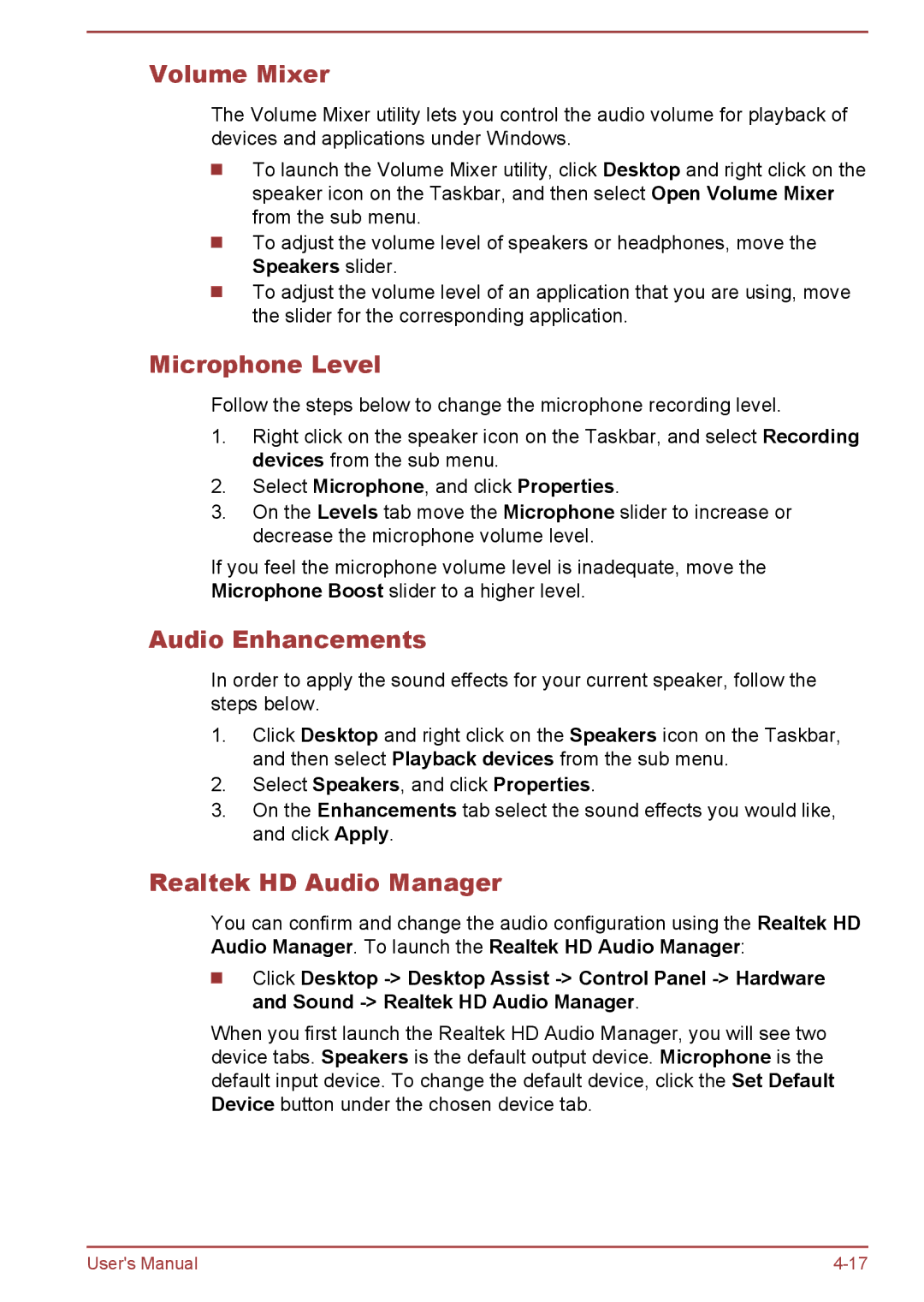 Toshiba W30DT-A-100 user manual Volume Mixer, Microphone Level, Audio Enhancements, Realtek HD Audio Manager 