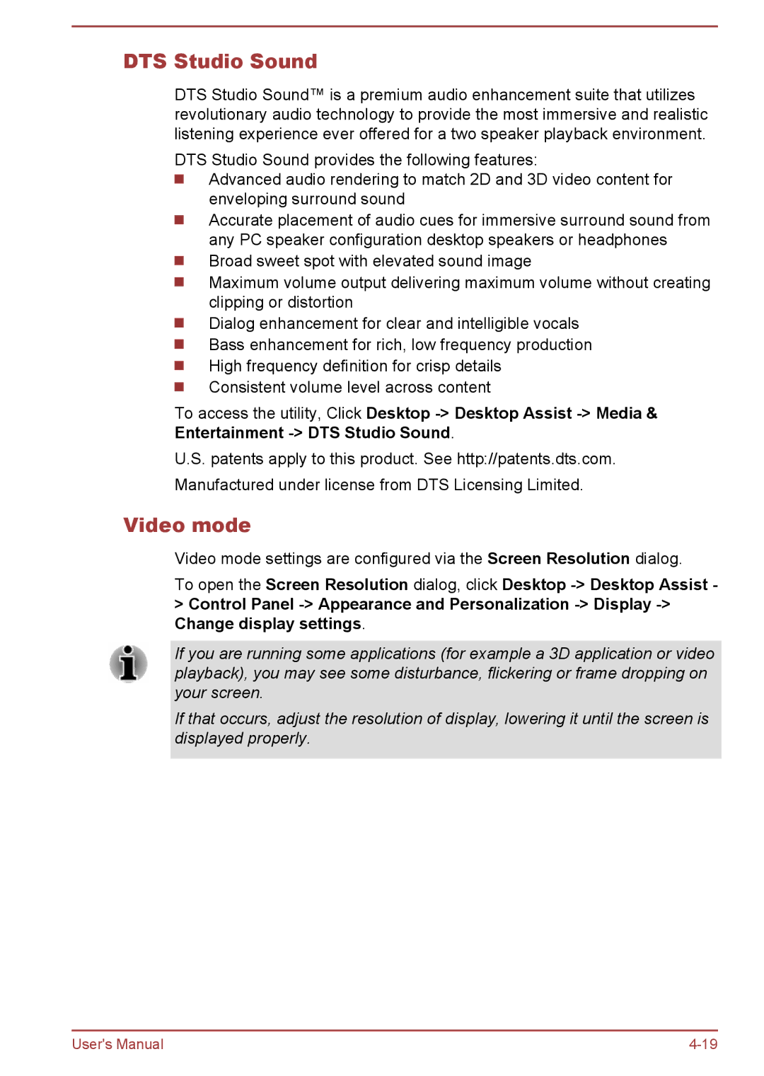 Toshiba W30DT-A-100 user manual DTS Studio Sound, Video mode 