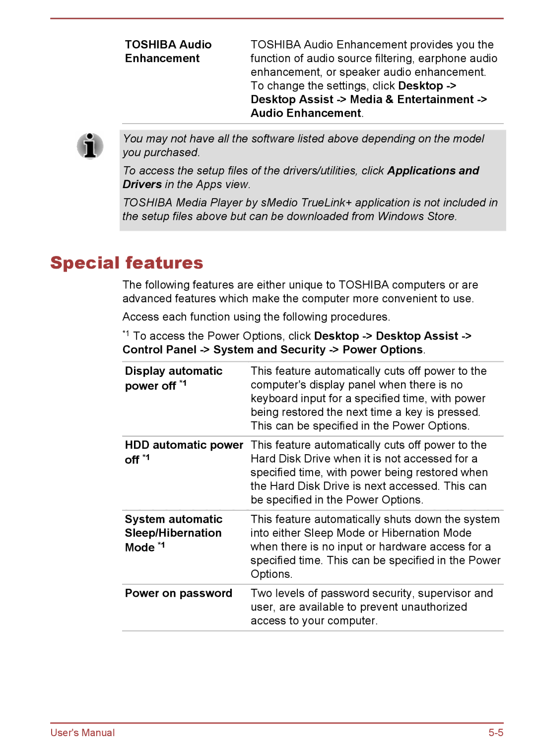 Toshiba W30DT-A-100 user manual Special features, Desktop Assist Media & Entertainment Audio Enhancement 