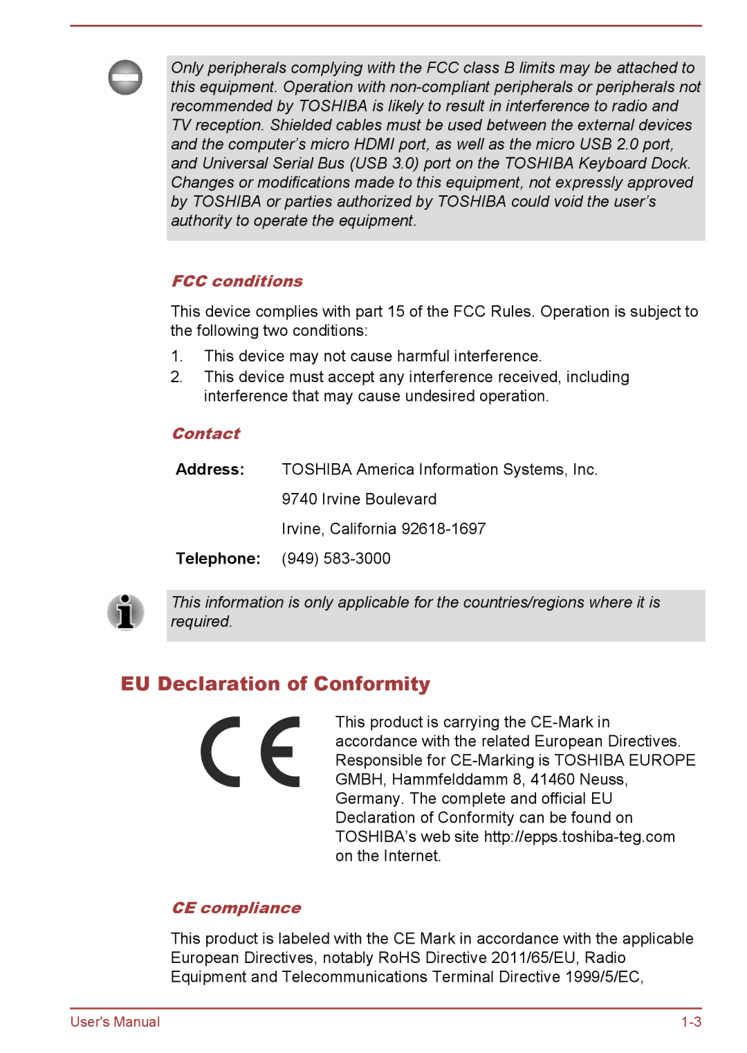 Toshiba W30DT-A-100 user manual EU Declaration of Conformity, FCC conditions, Contact, CE compliance 