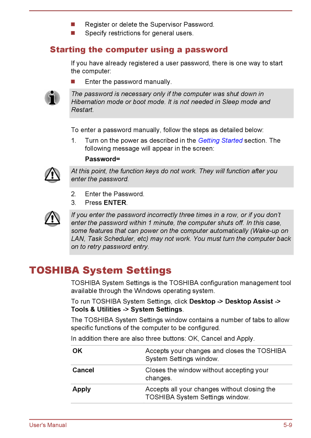 Toshiba W30DT-A-100 user manual Toshiba System Settings, Starting the computer using a password, Password=, Cancel, Apply 