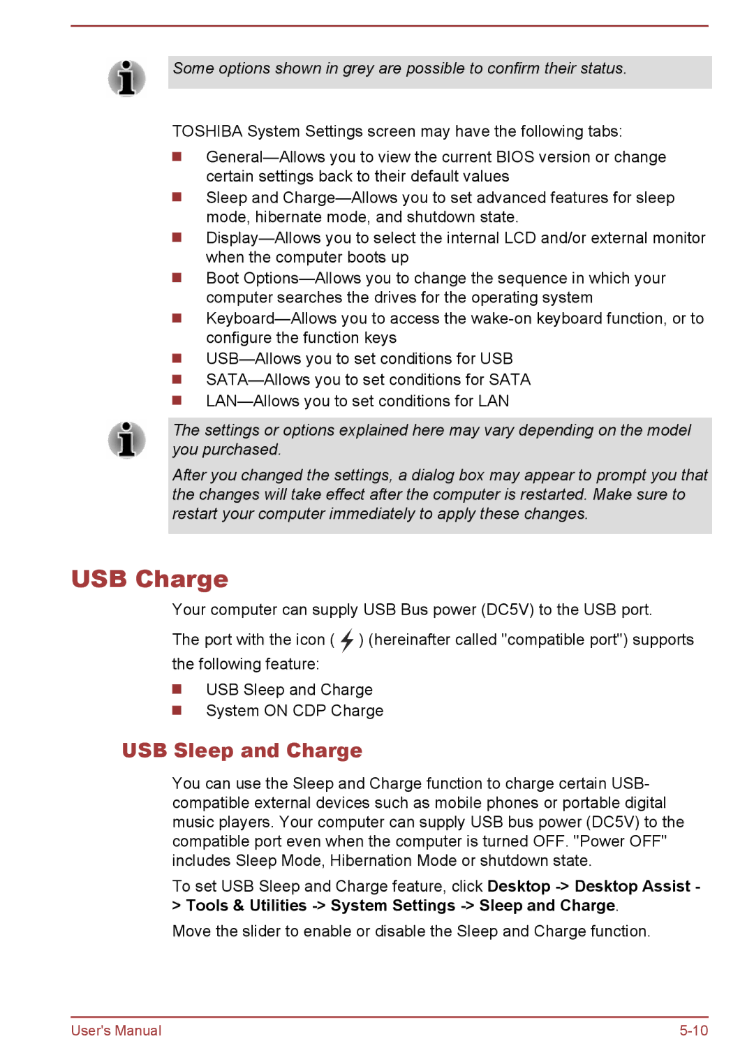 Toshiba W30DT-A-100 user manual USB Charge, USB Sleep and Charge 