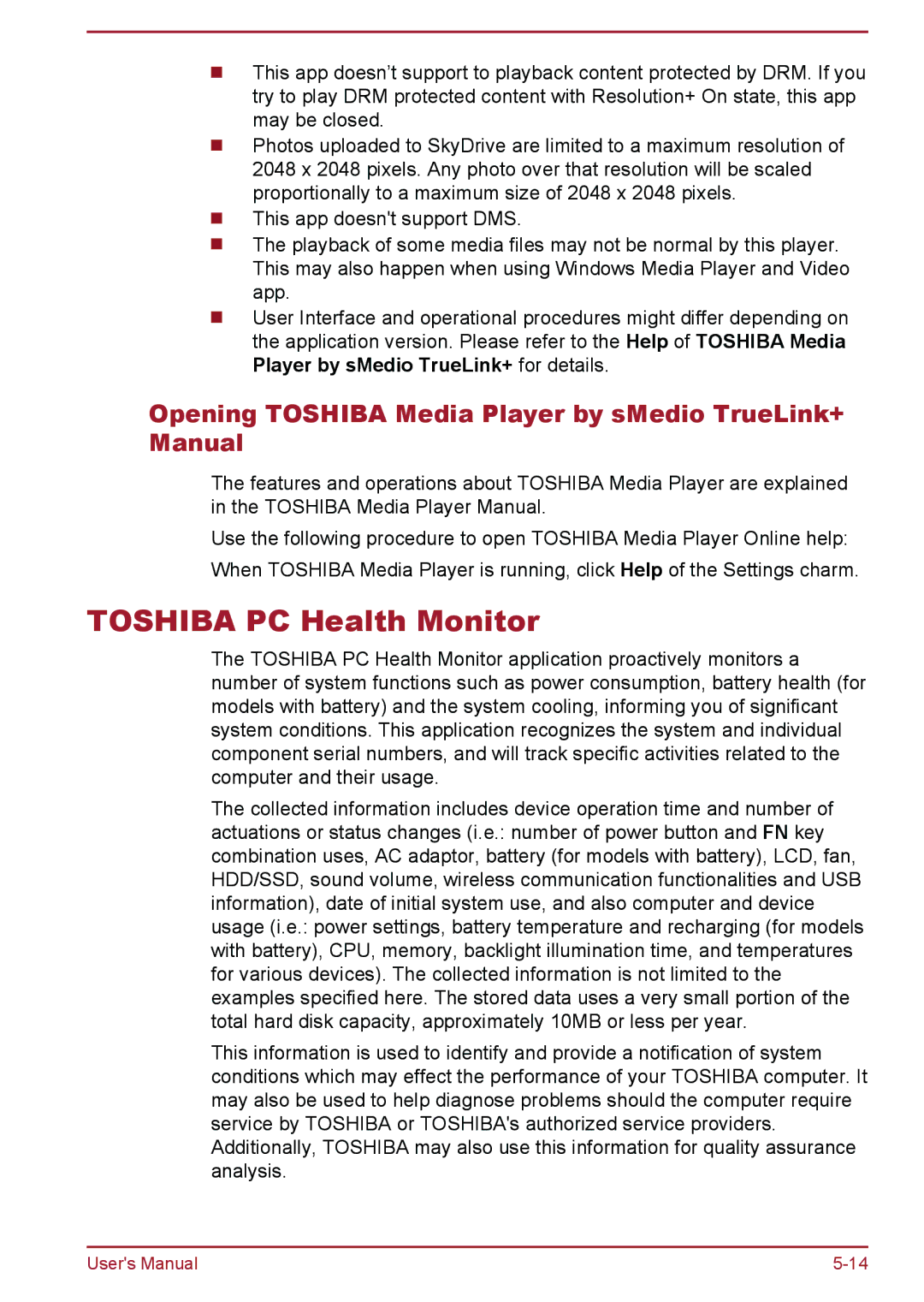 Toshiba W30DT-A-100 user manual Toshiba PC Health Monitor, Opening Toshiba Media Player by sMedio TrueLink+ Manual 