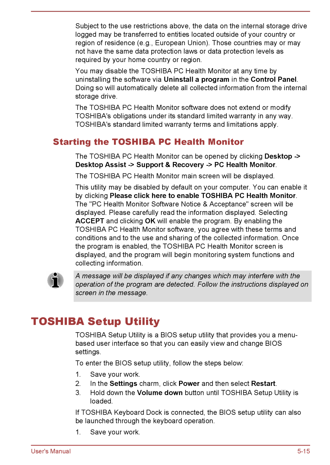 Toshiba W30DT-A-100 user manual Toshiba Setup Utility, Starting the Toshiba PC Health Monitor 