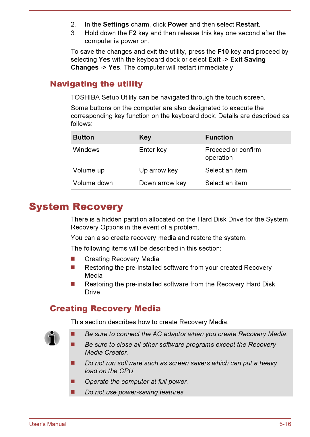 Toshiba W30DT-A-100 user manual System Recovery, Navigating the utility, Creating Recovery Media, Button Key Function 