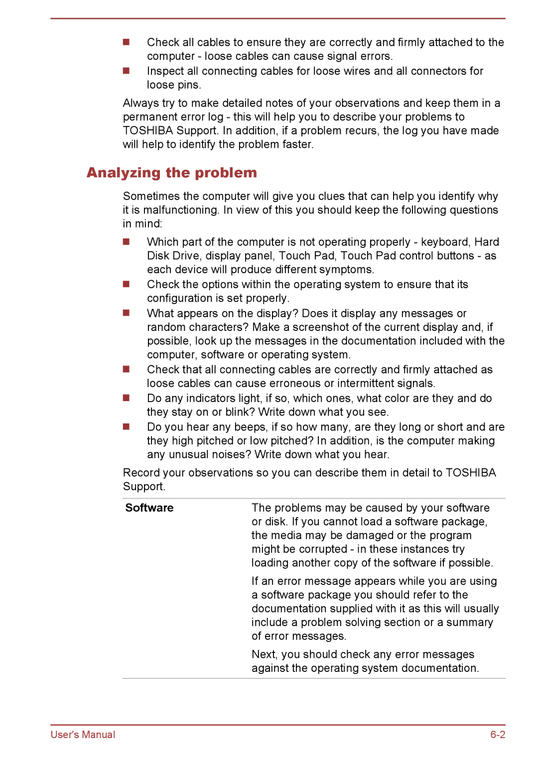 Toshiba W30DT-A-100 user manual Analyzing the problem, Software 